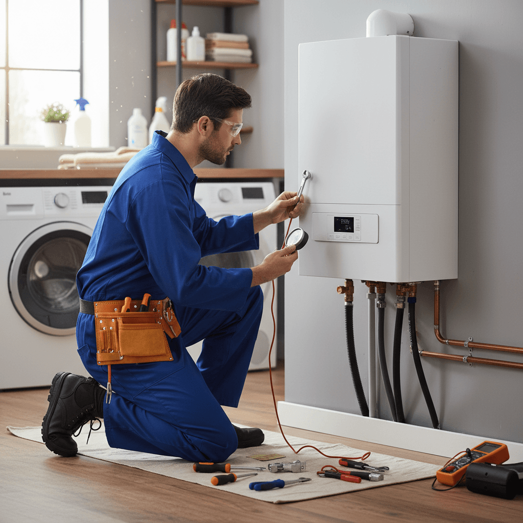 heating engineer inspecting boiler with tools in residential home