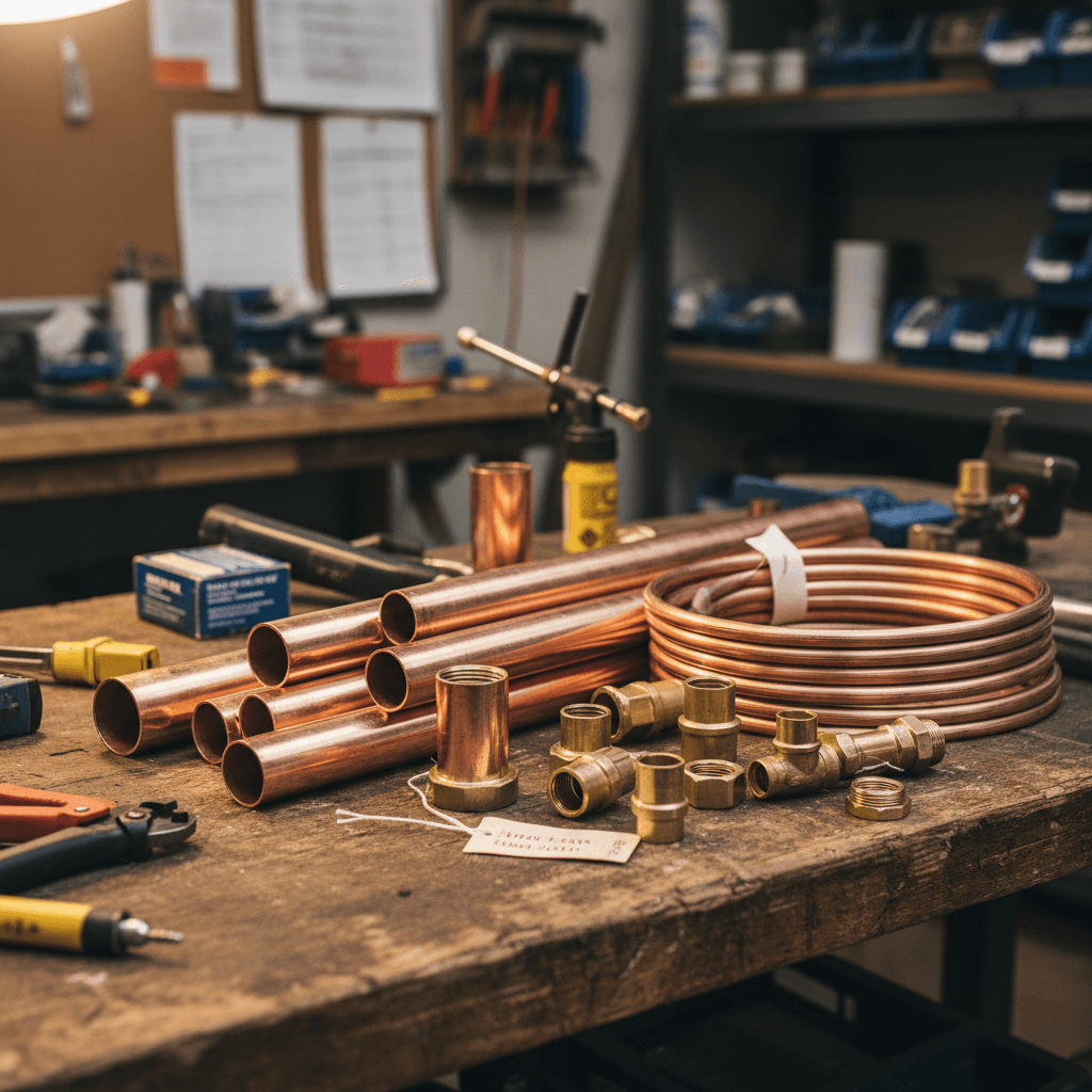 Copper pipe and brass fittings on a workbench