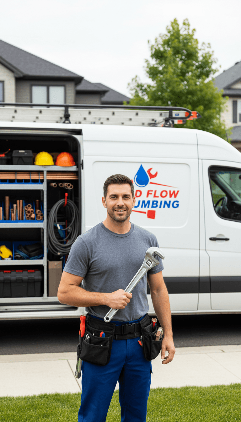 Qualified engineer standing by service van with tools