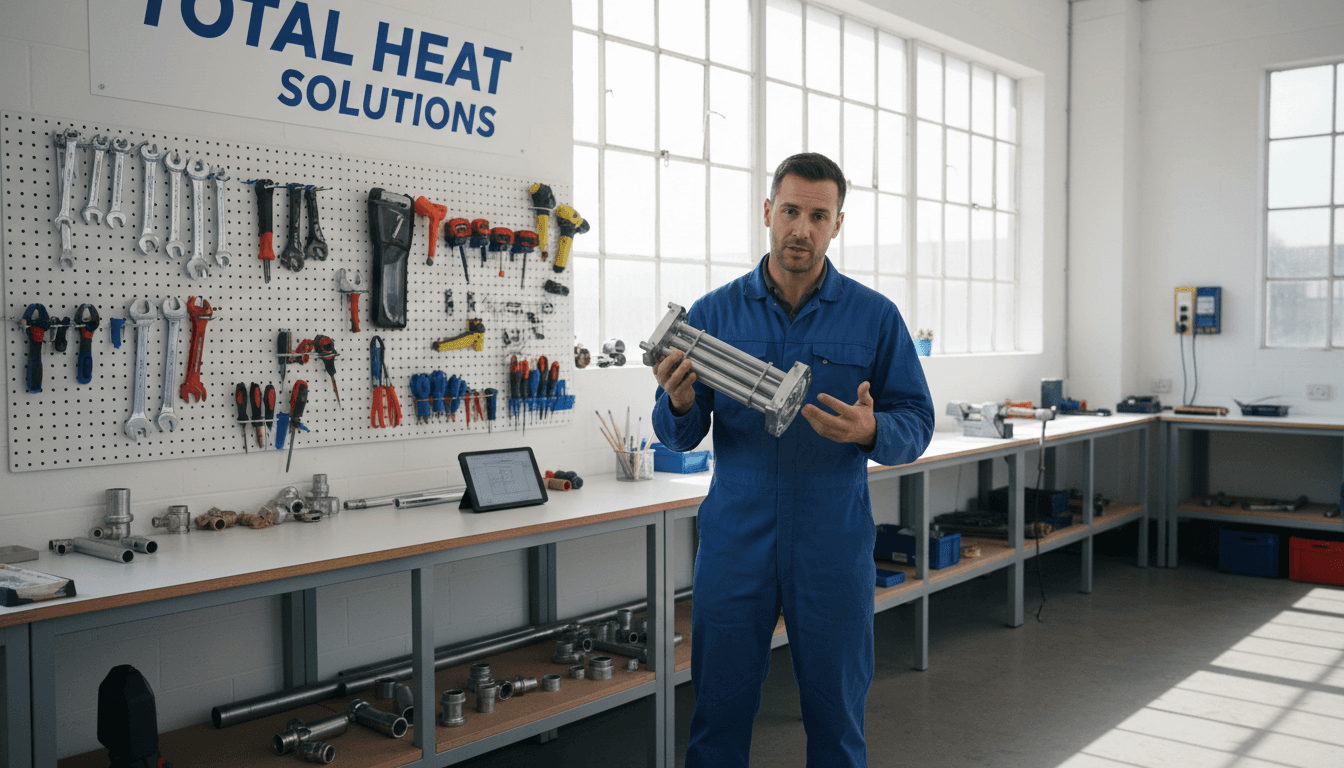Heating engineer holding a boiler part in a bright workshop with tools on the wall