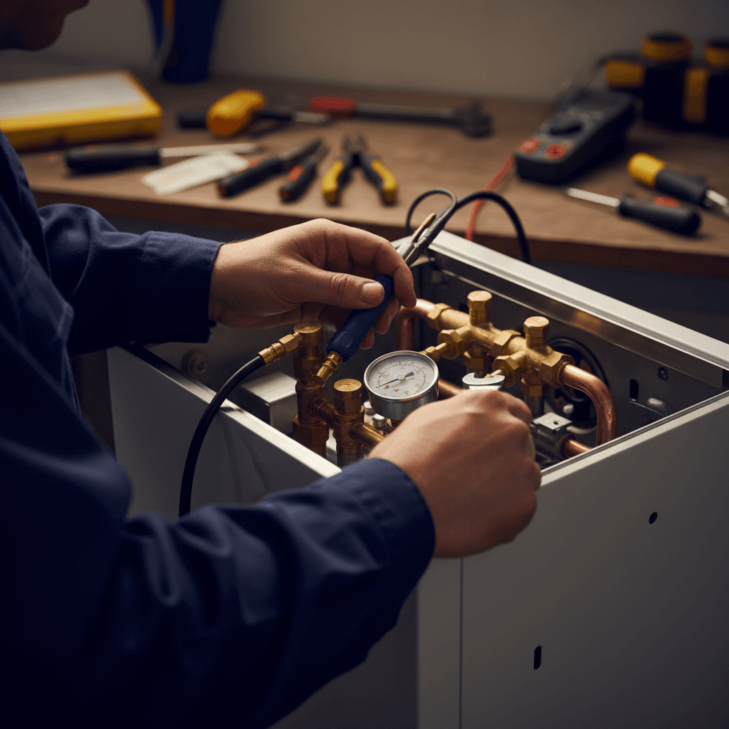 Engineer with replacement boiler part at the counter