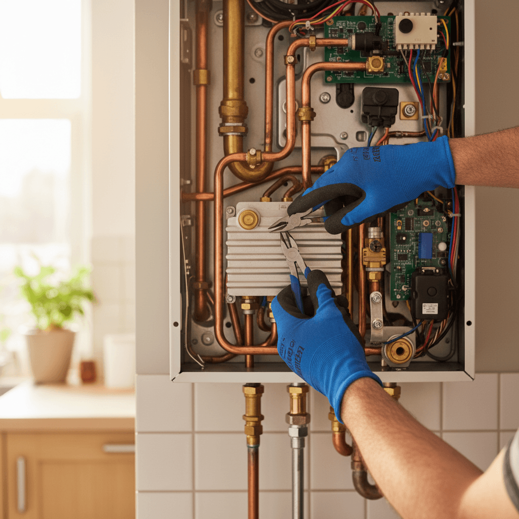 Heating engineer with boiler part in supply shop