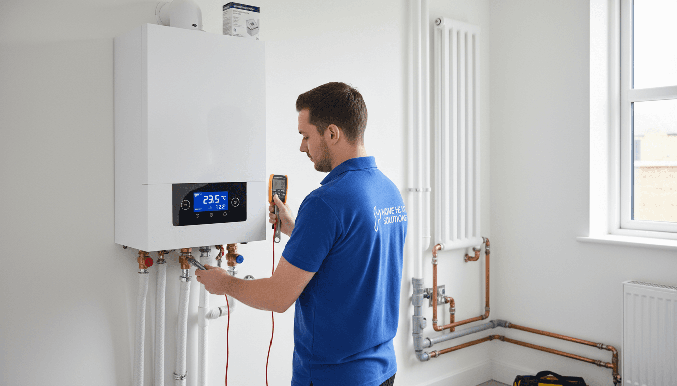 Engineer inspecting a boiler in a home