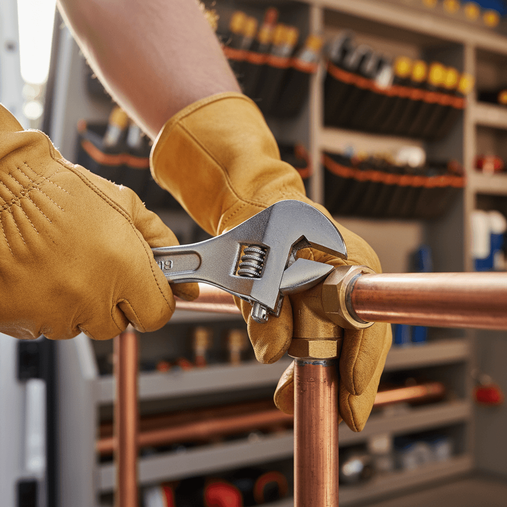 Professional plumber working with pipe fittings and tools on a workbench