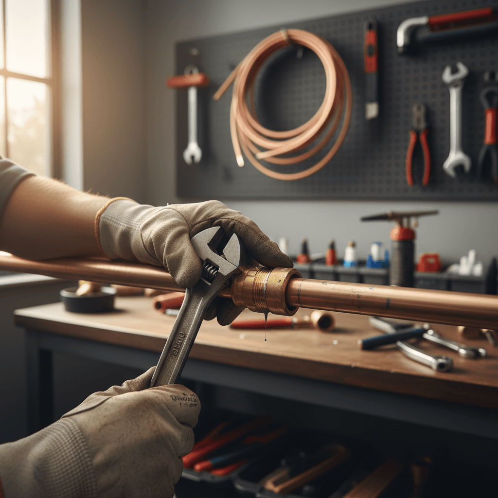 Hands holding a brass plumbing fitting in a well-lit workshop