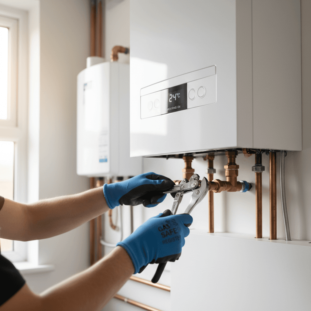 professional engineer repairing gas boiler in a home